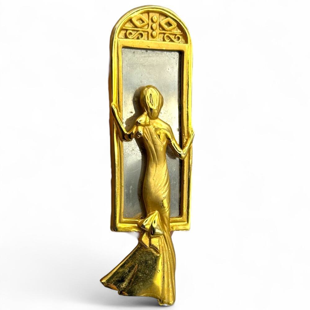Vintage AJC Lady Woman in Mirror Reflection Brooch Pin Gold Tone Pin Woman